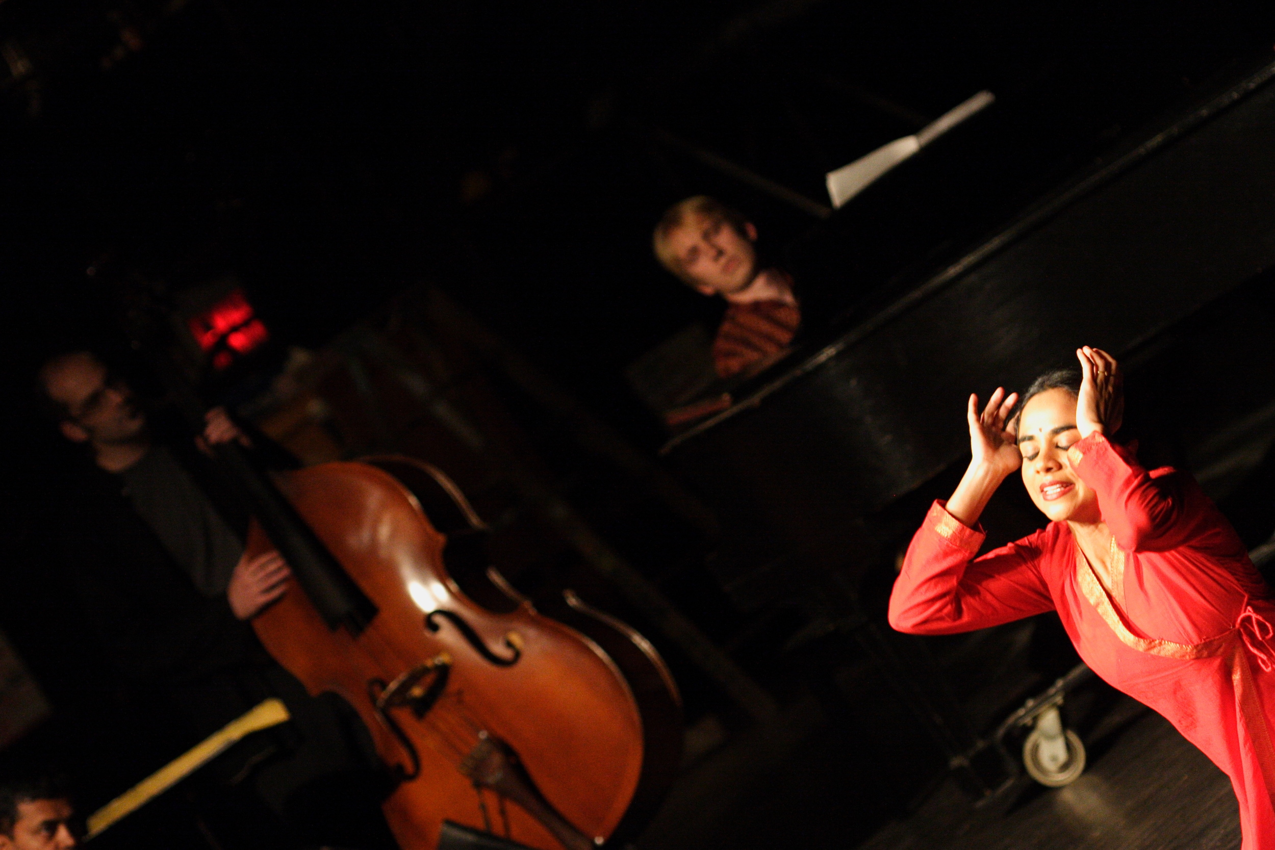 Mustard Seed with A.R. Balaskandan, Felix Pastor, Ilari Kaila, and Malini Srinivasan. Choreography by Malini Srinivasan, music by Ilari Kaila | SAWCC LitFest, 2006 | Photo: Preston Merchant
