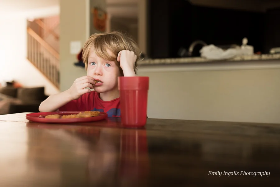 Lunch time with his request of chicken nuggets (his favorite).