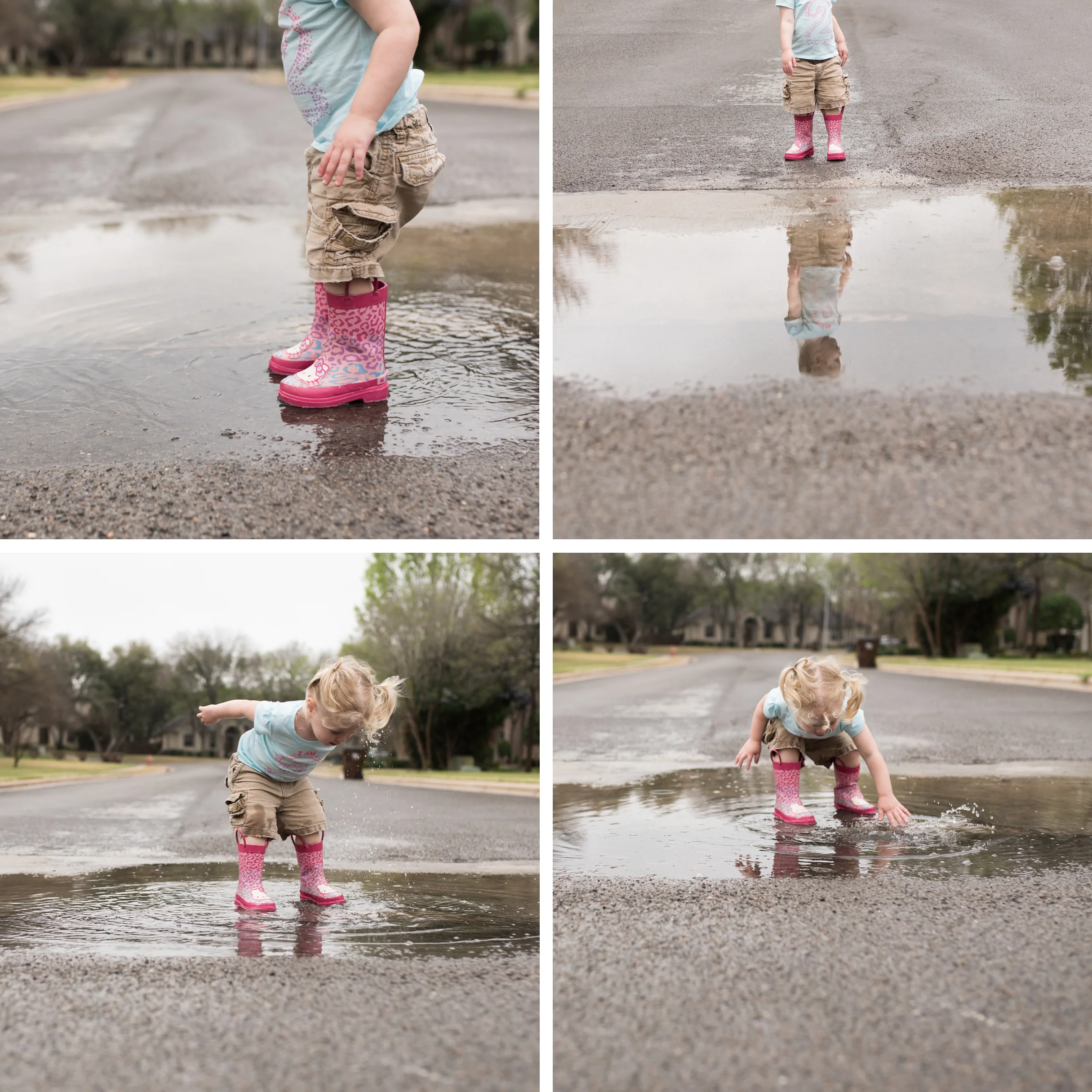 It stopped raining, so I took her outside to play in the puddles.