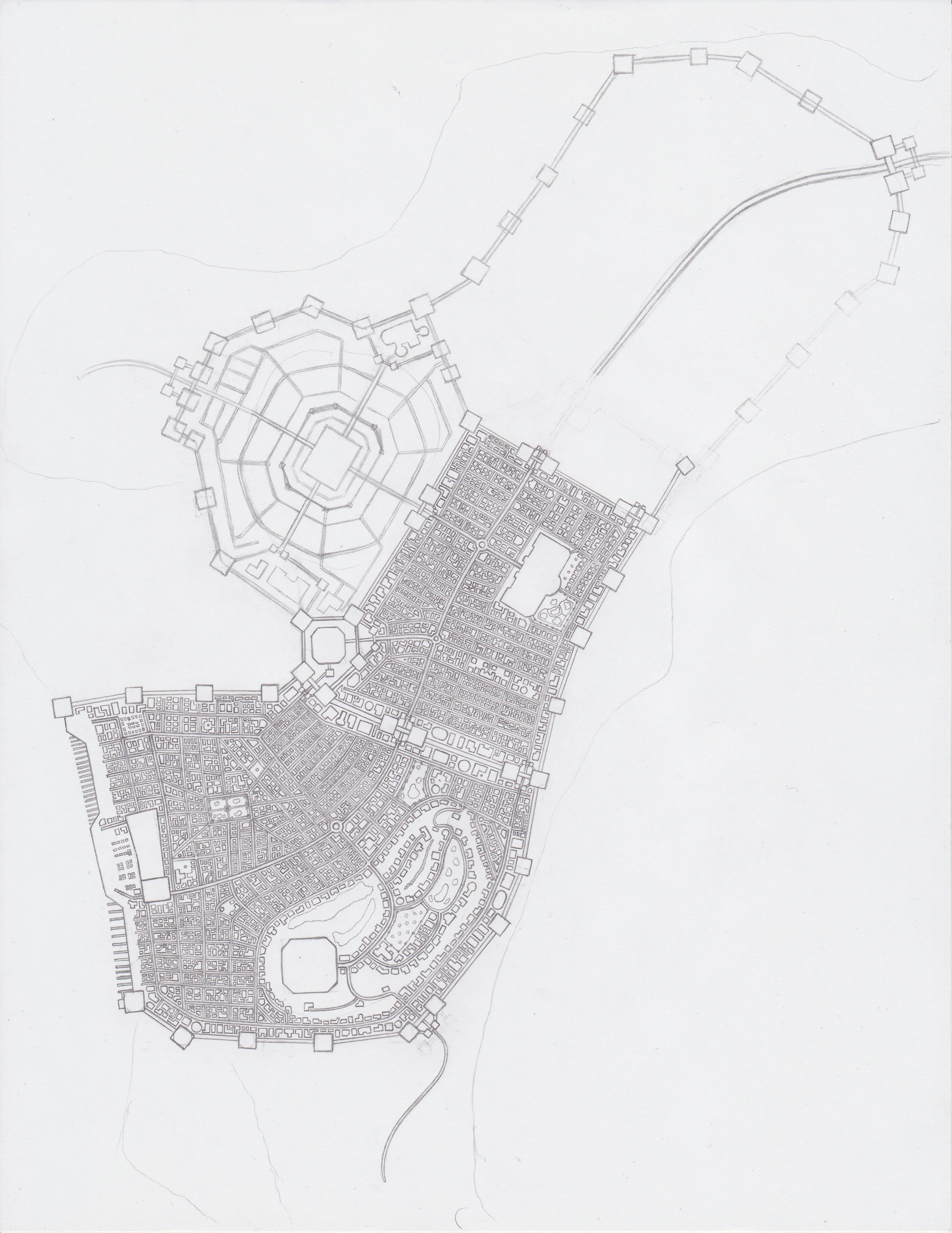 The city of Degwoch, in its current state of drawing progress.