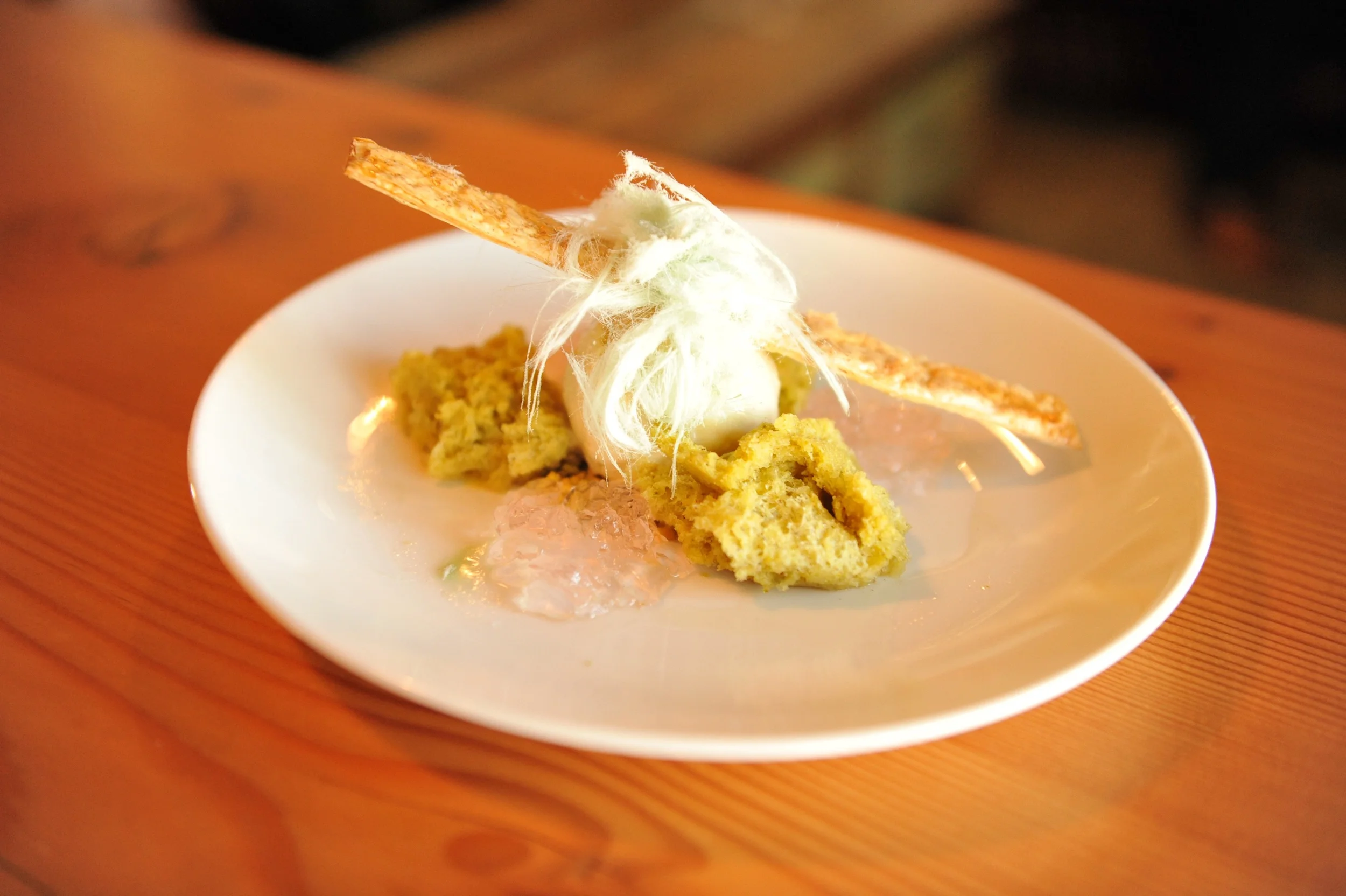 Cinnamon whisky ice cream with pistachio sponge at The Kitchen Door