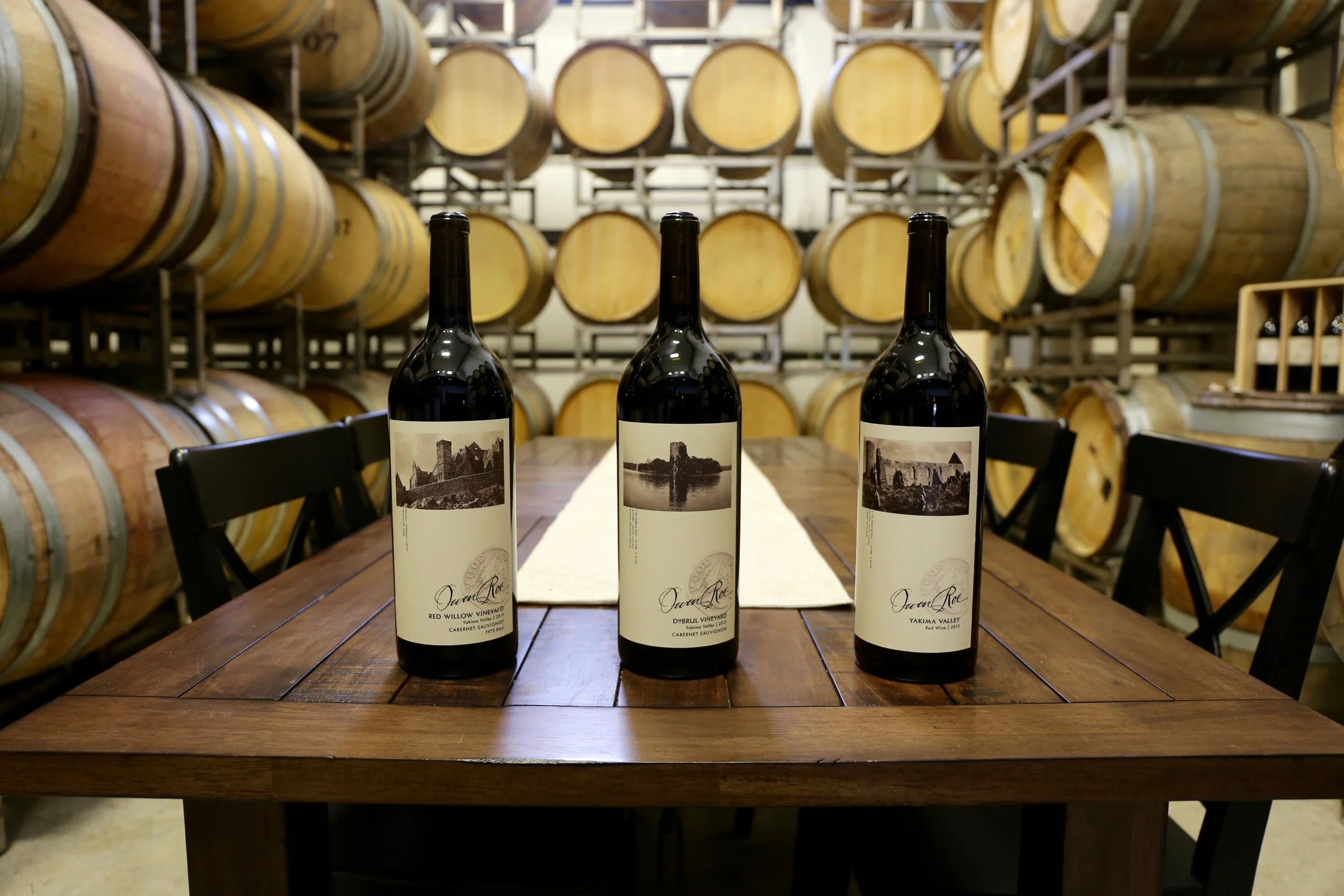 Owen Roe wines in the Oregon winery cellar and private tasting room, featuring their three core vineyards--Red Willow, Union Gap, and DuBrul