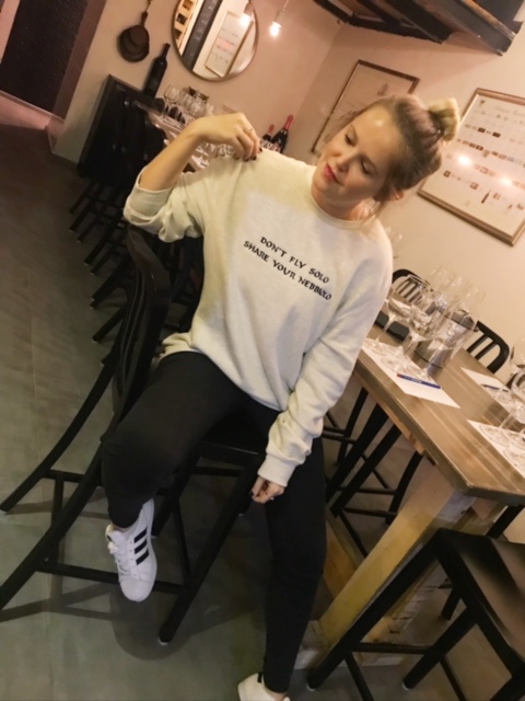 Modeling a Wine Shiksa sweatshirt.