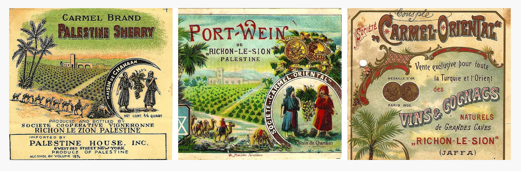 Some examples of old Carmel Winery labels. Credit Carmel Winery