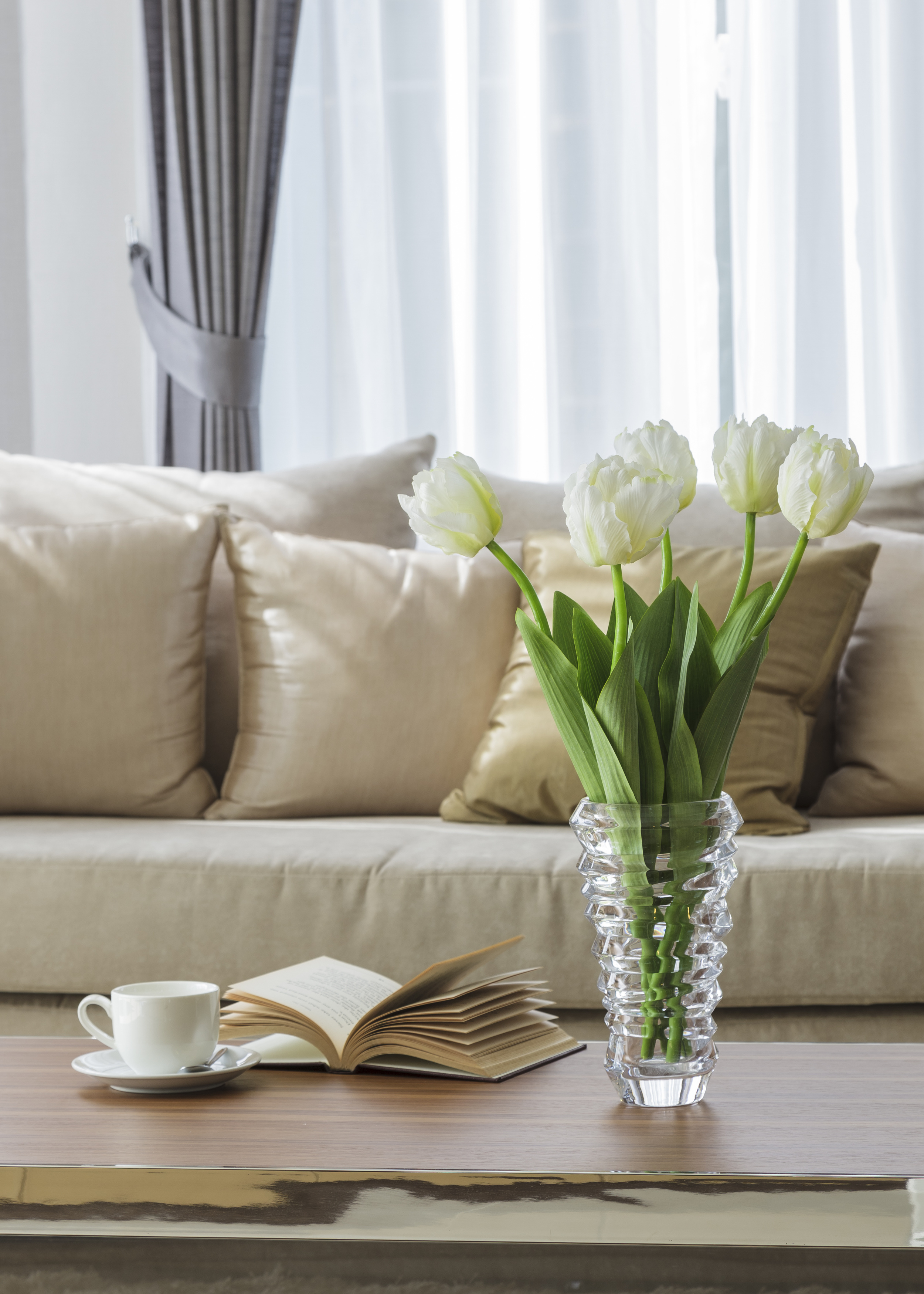 Teatime with a Book and White Tulips