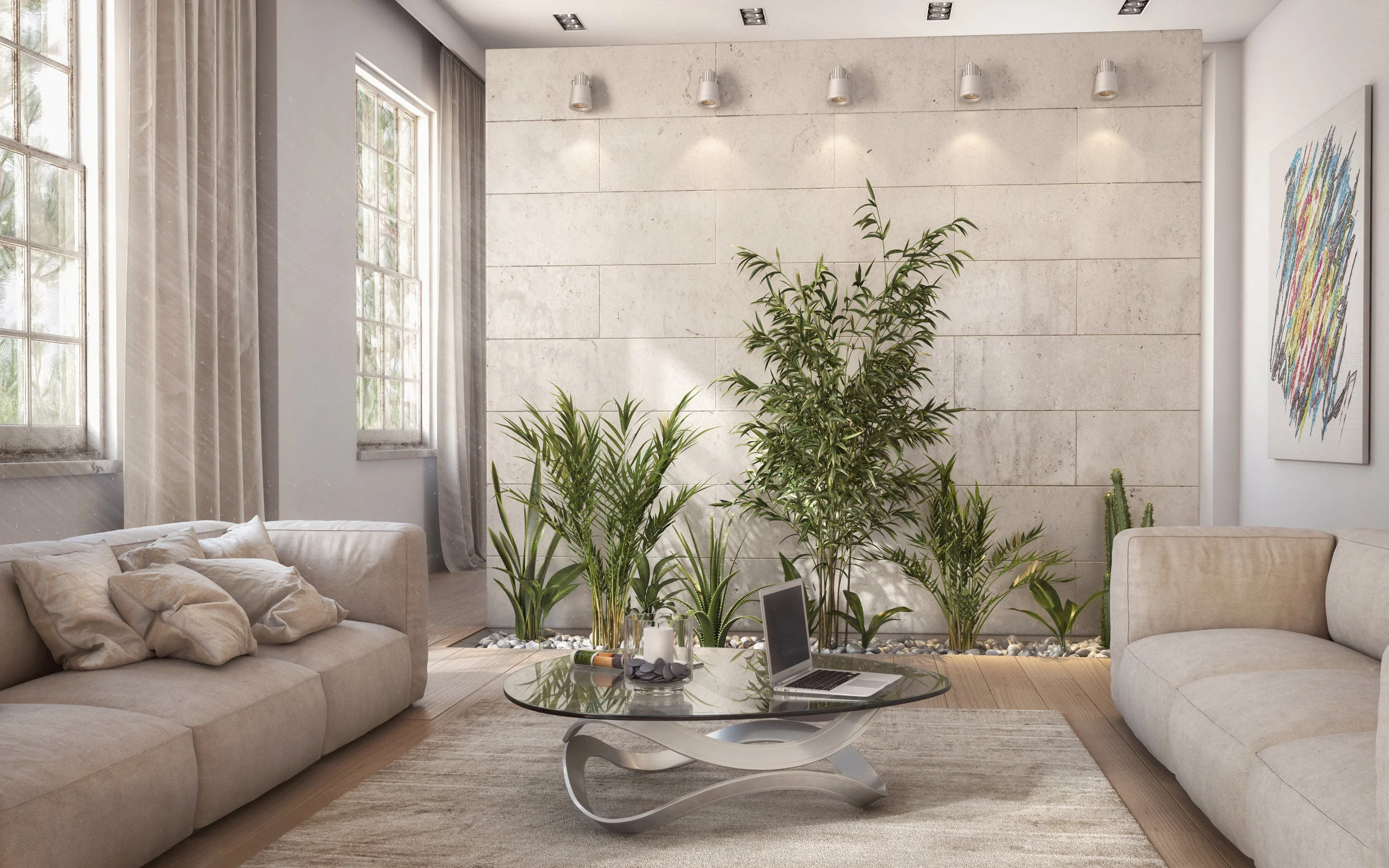 Neutral modern sitting room with two facing sofas, high ceilings, natural window light and tropical plants along wall.