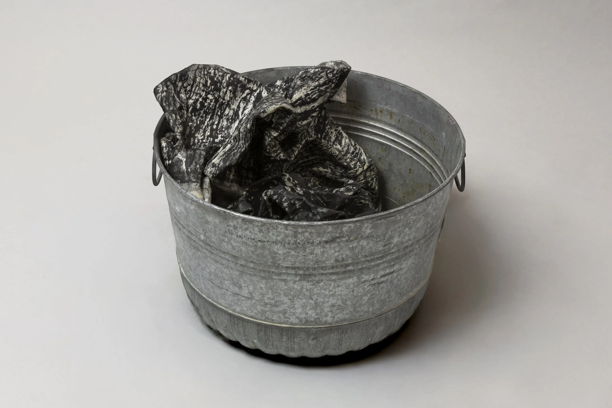  What Remains 15, 2025 vintage galvanized metal washtub, India ink, blotter paper 