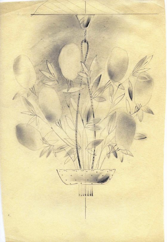 Sketch for a brass ceiling lamp with floral decoration and glass shades. Model unknown.