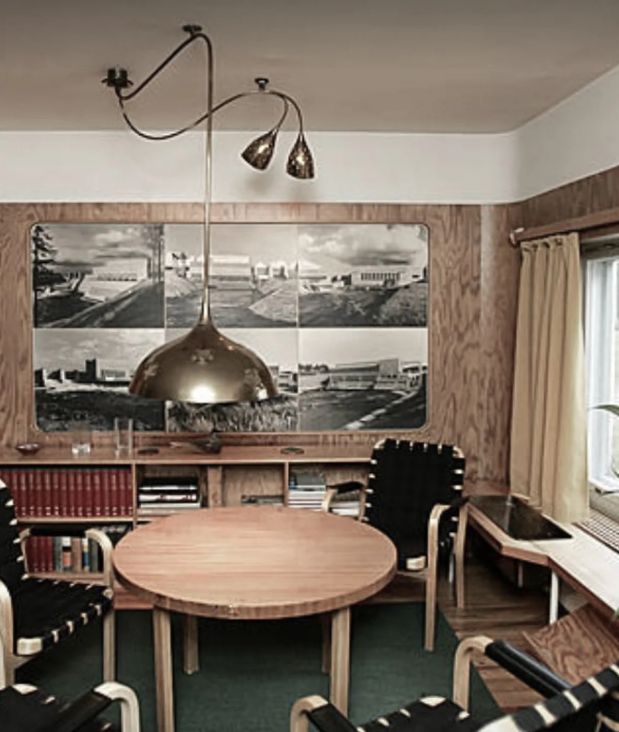 Custom-made perforated brass ceiling lamp at the Leppiniemi Guest House, Muhos, Finland, 1949-1951. Architect Aarne Ervi.
