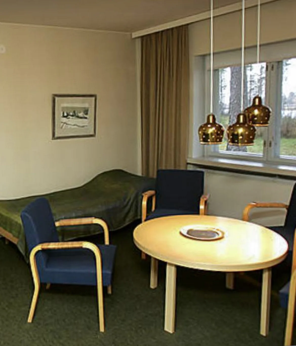 Rare perforated Golden Bell ceiling lamps, a collaboration between Paavo Tynell and Alvar Aalto, Leppiniemi Guest House, Muhos, Finland, 1949-1951. Architect Aarne Ervi.