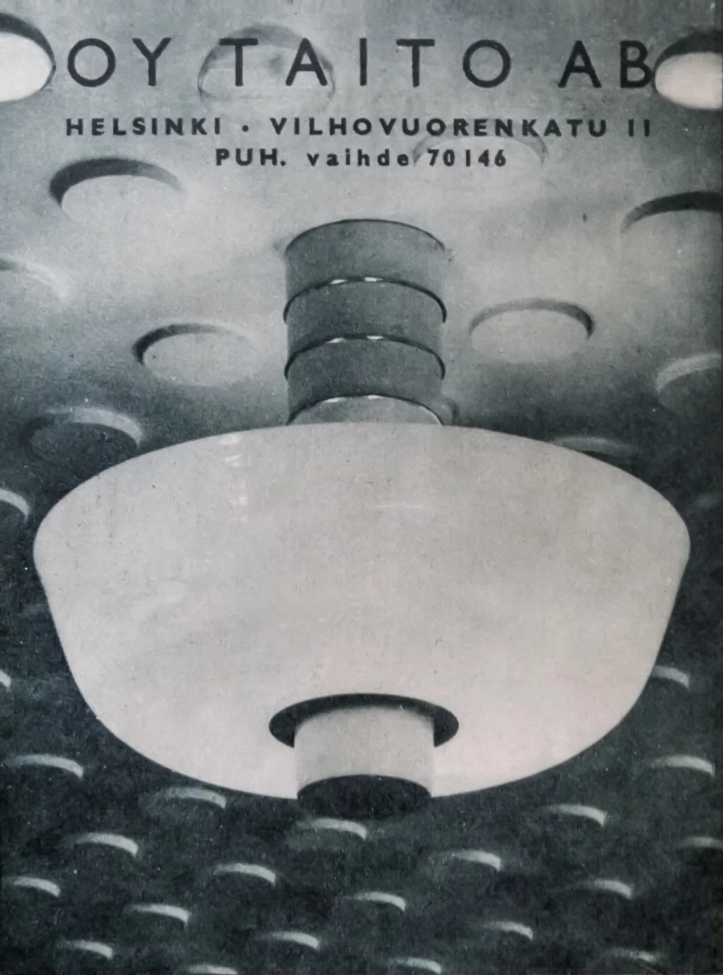 Oy Taito Ab advertisement c.1940s with brass, painted brass and opaline glass mounted ceiling lamp.