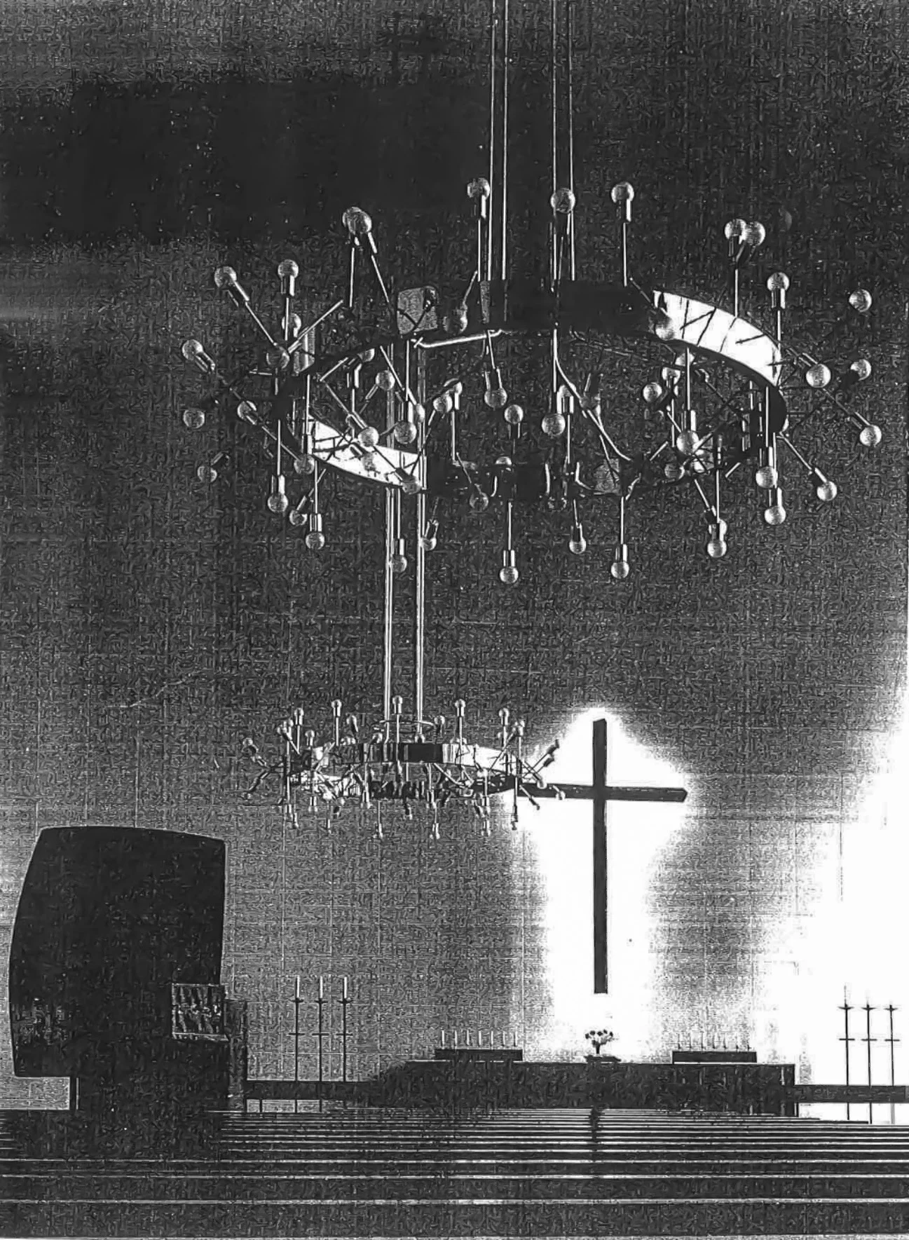 Meilahti Church, monumental brass chandeliers by Paavo Tynell, 1954. Architect Markus Tavio. Manufactured by Taito/Idman Oy.