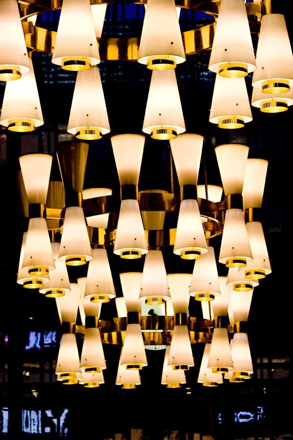 Monumental Chandeliers at the Helsinki Central Railway Station, designed in 1951 to replace old lighting which was damaged during fire in 1950.