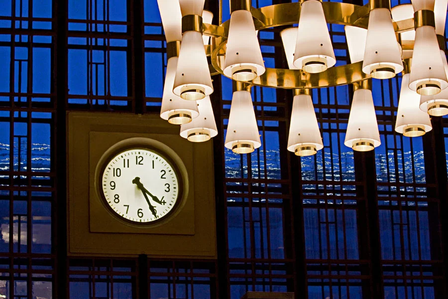 Monumental chandeliers at the Helsinki Central Railway Station, designed in 1951 and manufactured by Taito Oy.