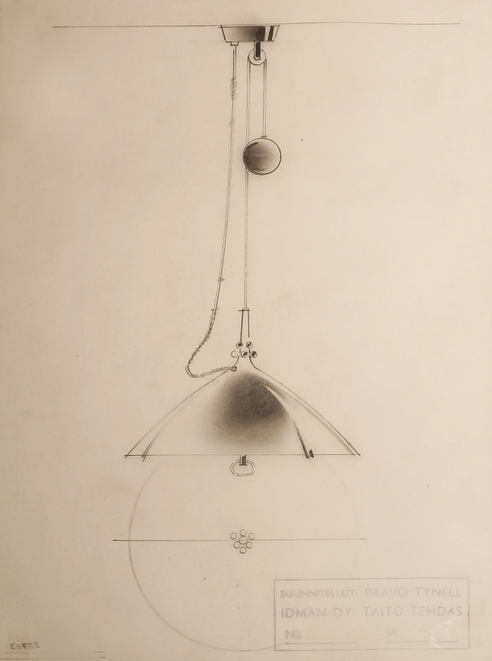 Sketch for a brass counter balance ceiling lamp, Taito-Idman.