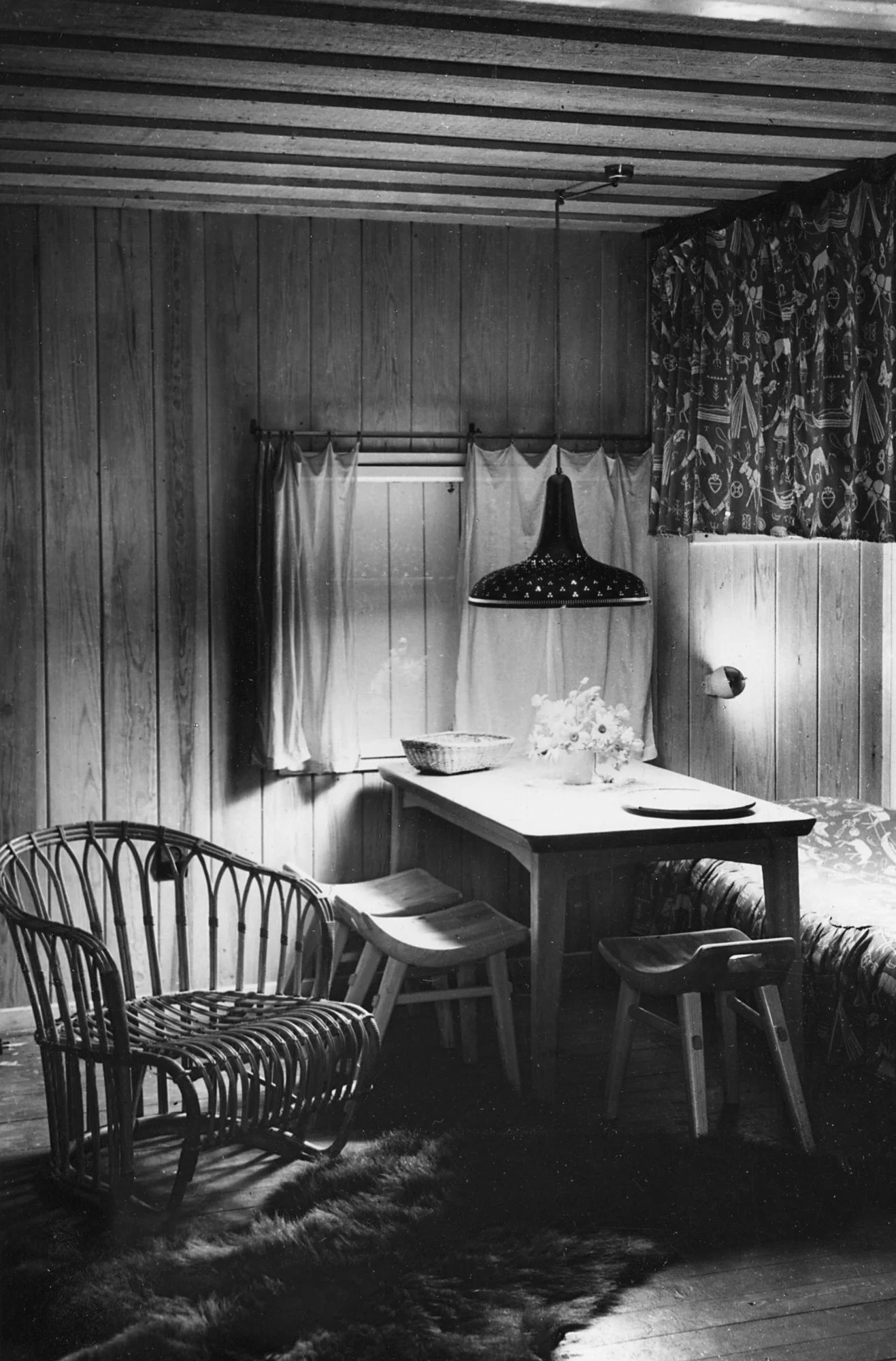 Sauna Ervi, Kuusisaari, Finland, c.1950s, architect Aarne Ervi. Perforated brass ceiling lamp by Tynell.