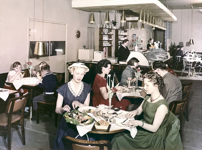 Primula Cafe in Helsinki, Finland, with perforated brass pendants by Paavo Tynell, early 1950s. Image copyright by Museovirasto.