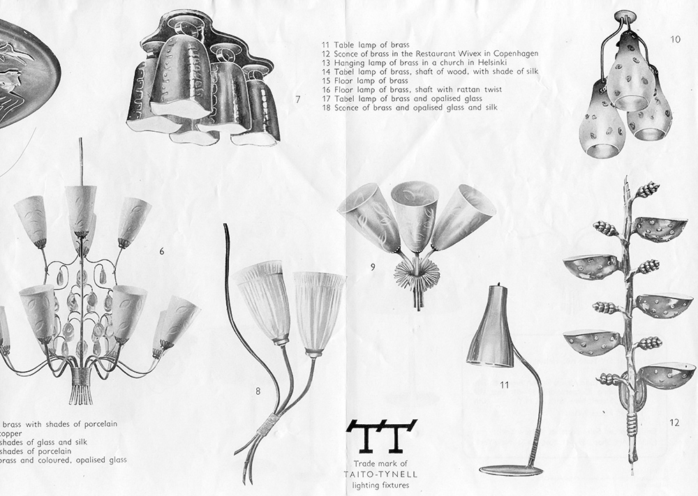 Brass mounted ceiling lamp (nr.7) with five hanging "cow bells" was originally designed for the Restaurant Kestikartano in 1946. Image from a Taito-Tynell catalog, early 1950s.