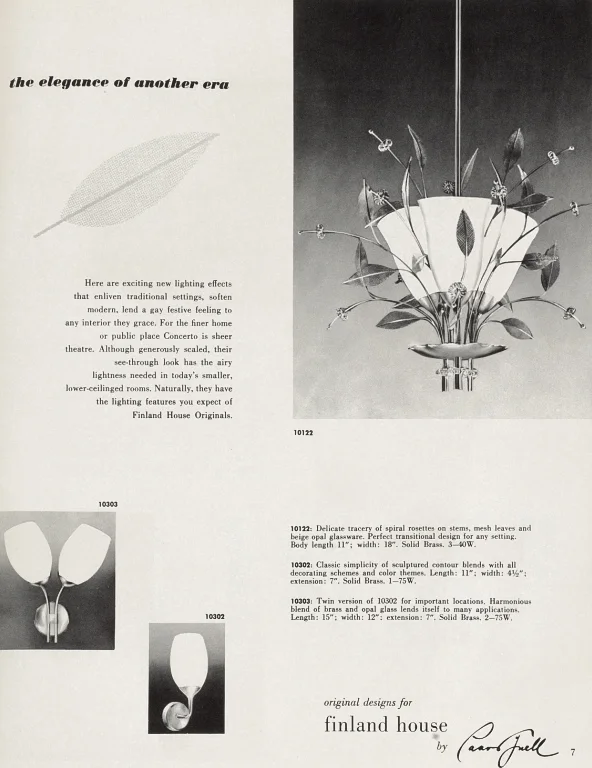 View from the Finland House catalog, late 1940s, featuring model no.9602 ceiling lamp with opaline glass shades and brass floral decoration.