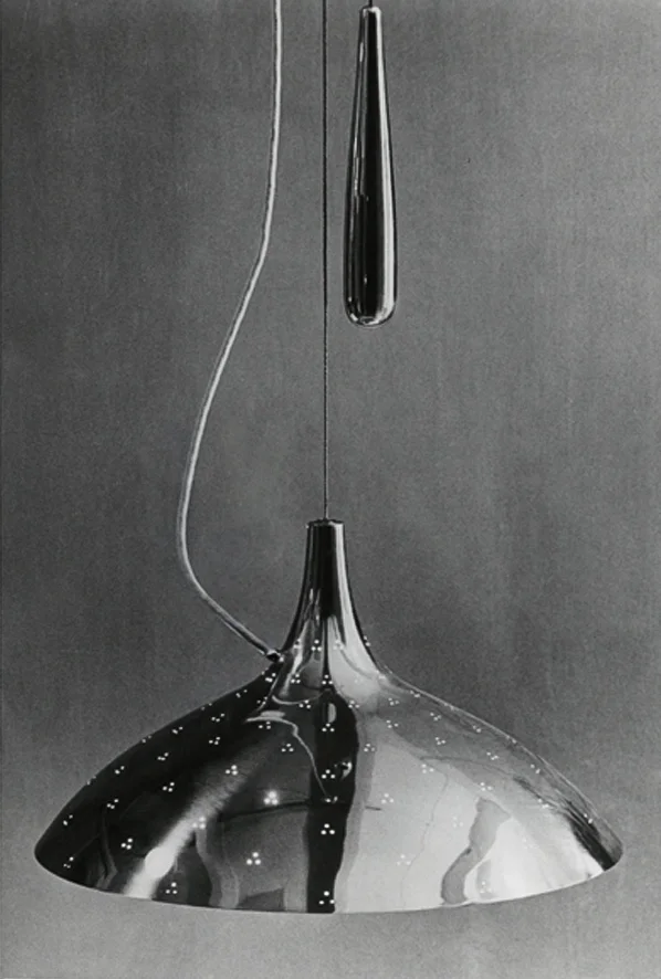 Perforated brass counter balance ceiling lamp, model no.A1965, designed in 1948 for Taito Oy. Image copyright by the British Council of Industrial Design.