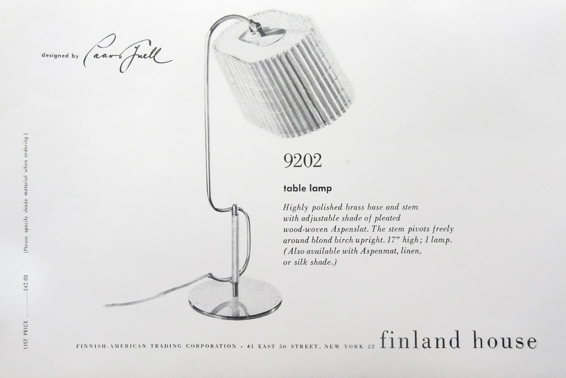 Product card of the model no.9202 table lamp by Finland House, New York, late 1940s.