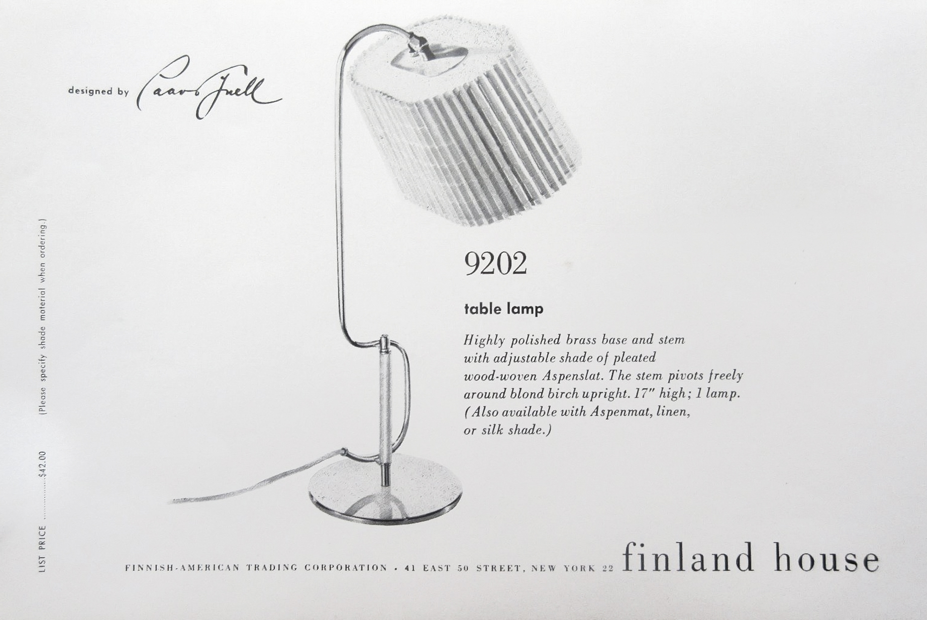 The Finland House catalog featuring table lamp model 9202 by Taito Oy.