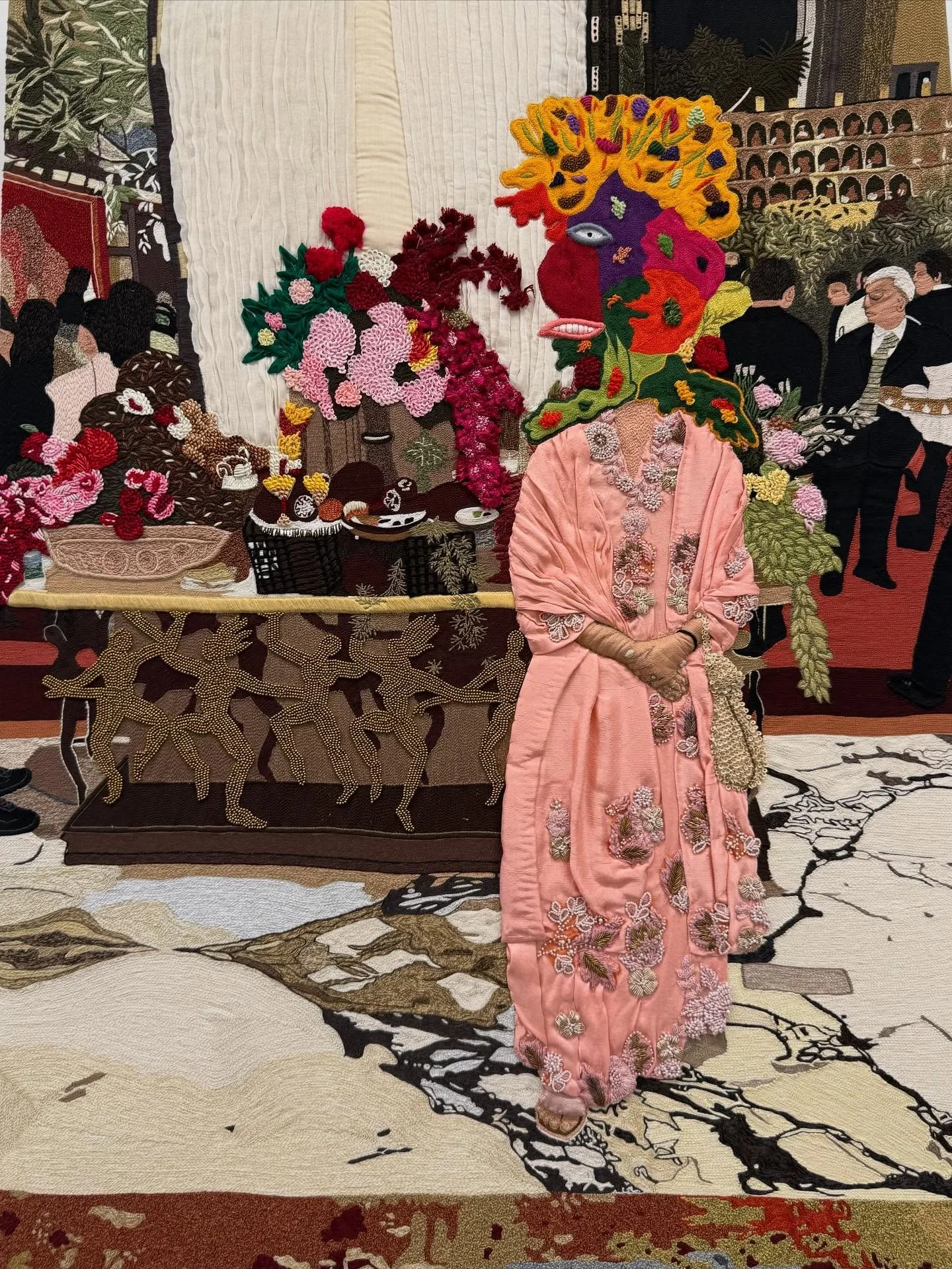 Viraj Khanna Why Did I Say Yes is delightful in every way. A joyous look at an Indian wedding expressed through fabric collage and the exquisite stitching of skilled Indian artisans. Do not miss this @rajivmenoncontemporary in Los Angeles!