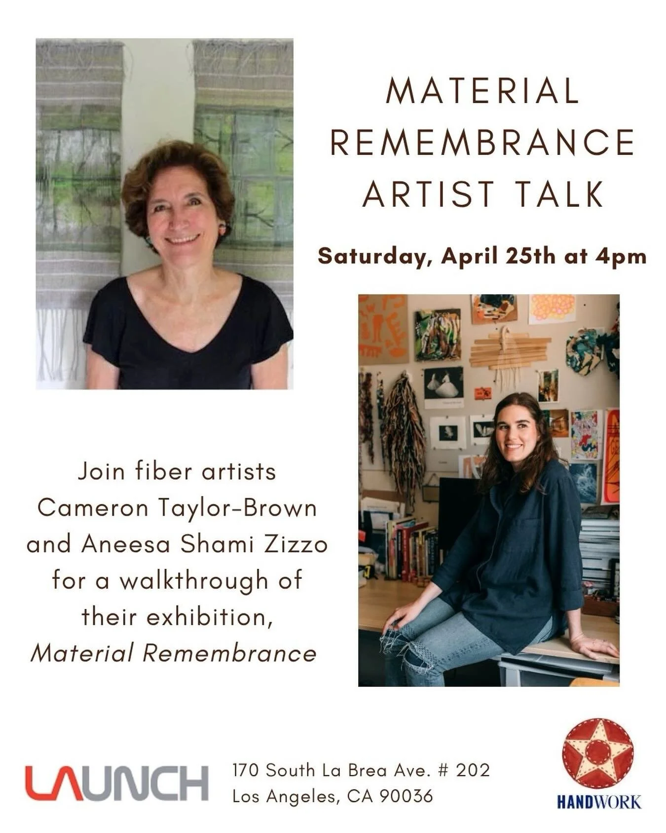 Please join us @launch_la this Saturday at 4PM for a conversation about the exhibition. We look forward to seeing you there. @aneesashami @handwork2026 #camerontaylorbrown #textileart #fiberart #contemporaryweaving #materialremembrance