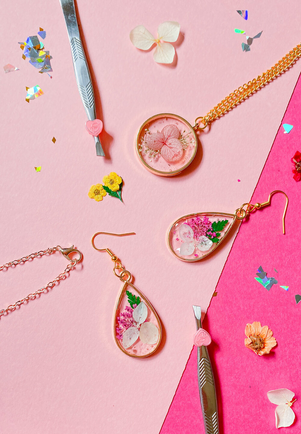 Resin Jewelry Pour Art Floral Jewelry Pink Flower Necklace