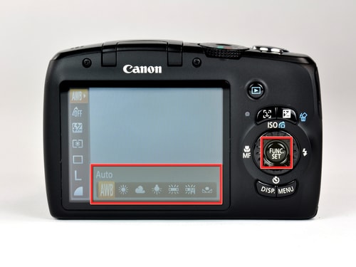 Setting the white balance on the Canon PowerShot SX120 IS.