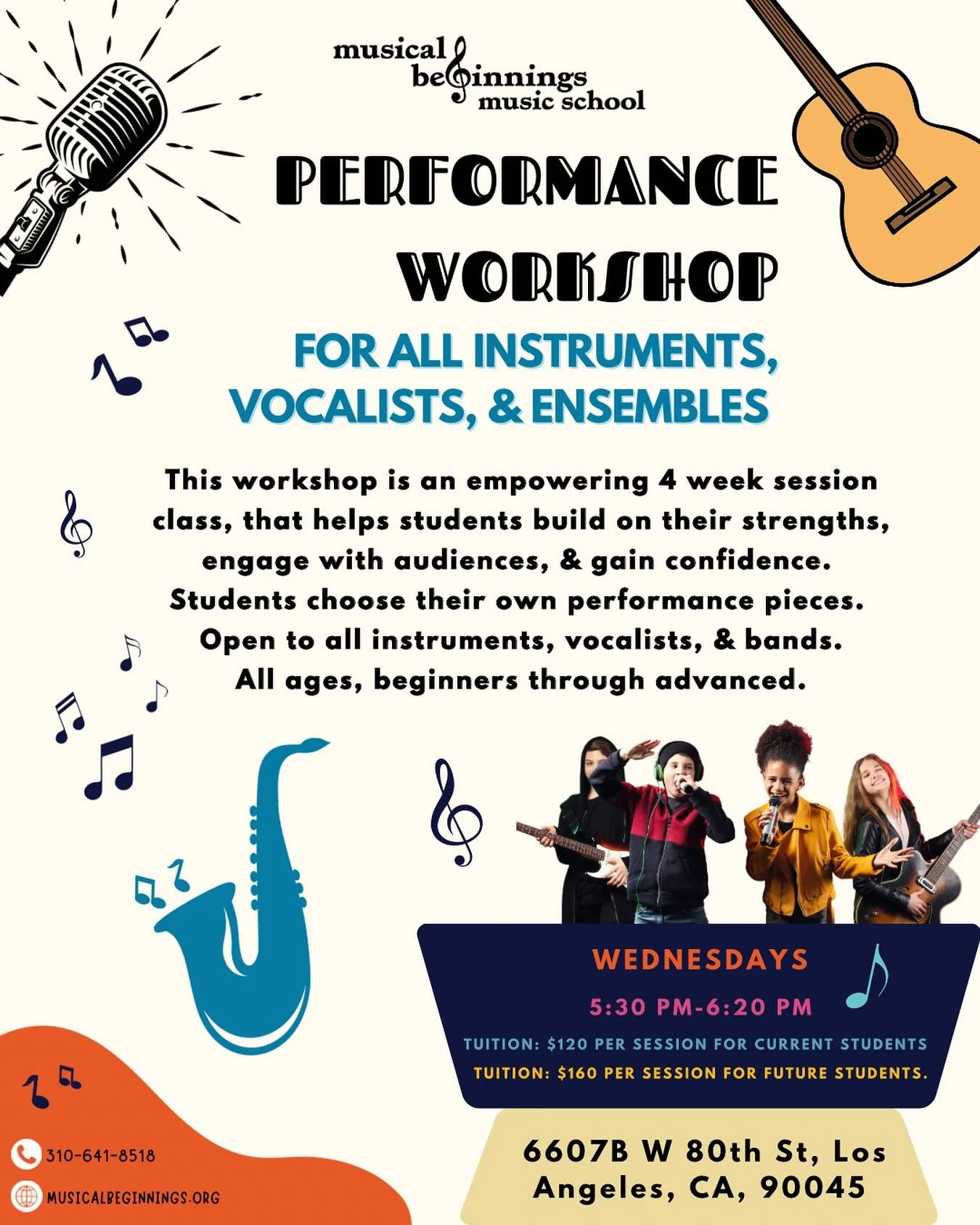 Join us for an empowering workshop that helps students build on their strengths, engage with audiences, and gain confidence! This performance workshop is a 4-week session, and students get to choose their own performance pieces! 

Open to all instrum