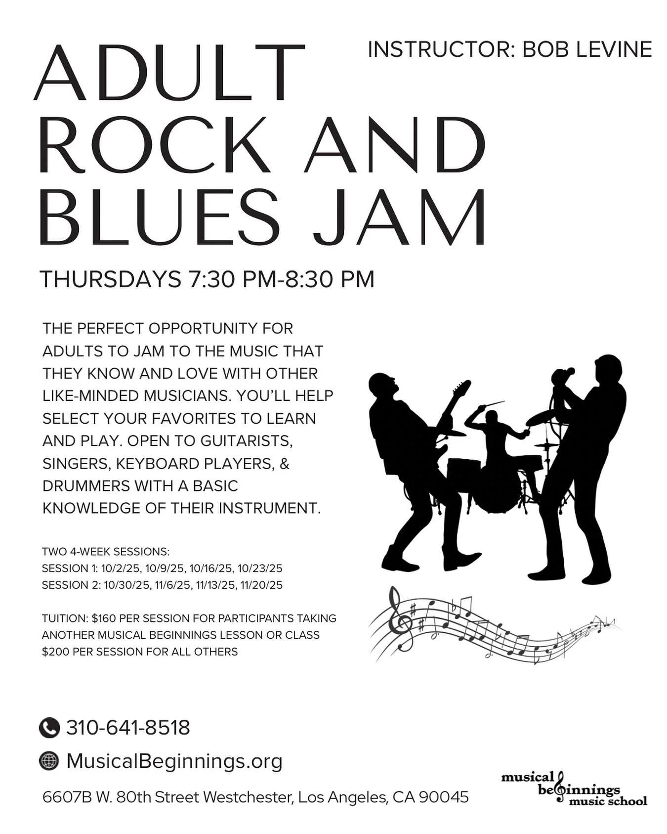 Calling all Adult Rockers &amp; Jammers! 🎸

Join our Adult Rock and Blues Jam class on Thursdays from 7:30 PM-8:30 PM! 

This class is the perfect opportunity for adults to jam to the music that they know and love with other like-minded musicians. y