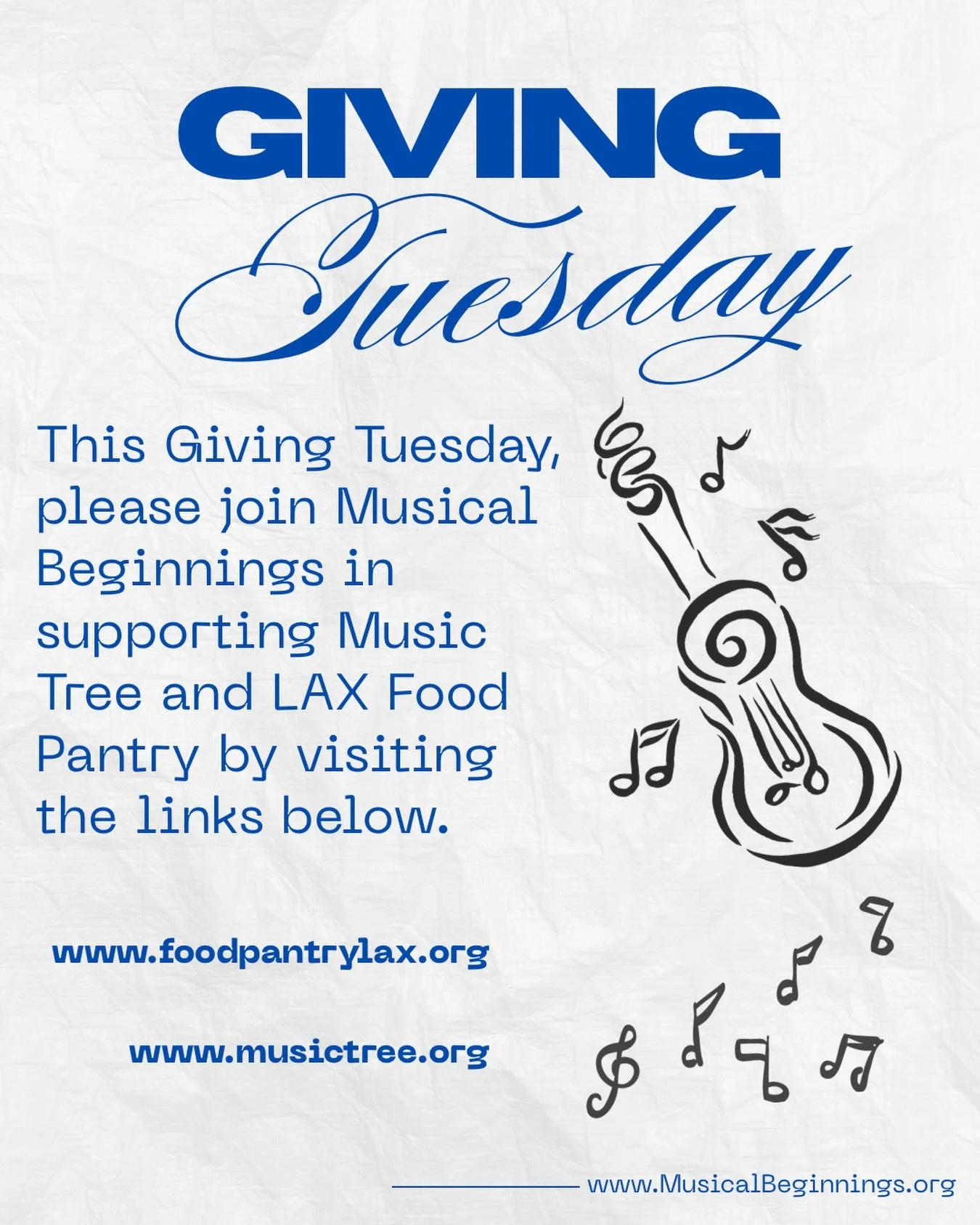 Join Musical Beginnings this Giving Tuesday in supporting Music Tree and the LAX Food Pantry&mdash;links are included below. 🎶

🌐 www.foodpantrylax.org

🌐 www.musictree.org