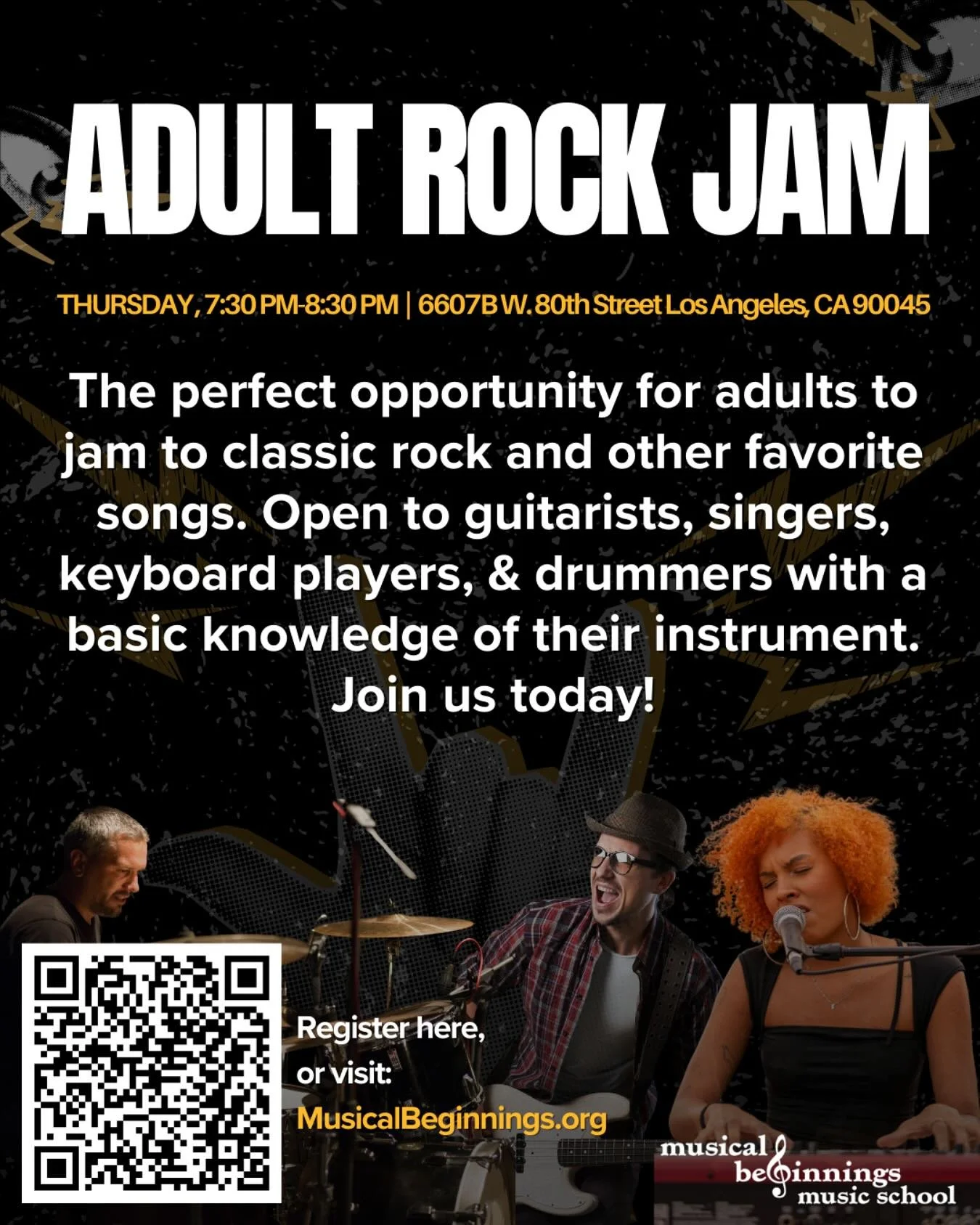 Calling all Adult Rockers &amp; Jammers! 🎸

Join our Adult Rock Jam class on Thursdays from 7:30 PM-8:30 PM! 

This class is the perfect opportunity for adults to jam to classic rock and other favorite songs. You&rsquo;ll help select your favorites 
