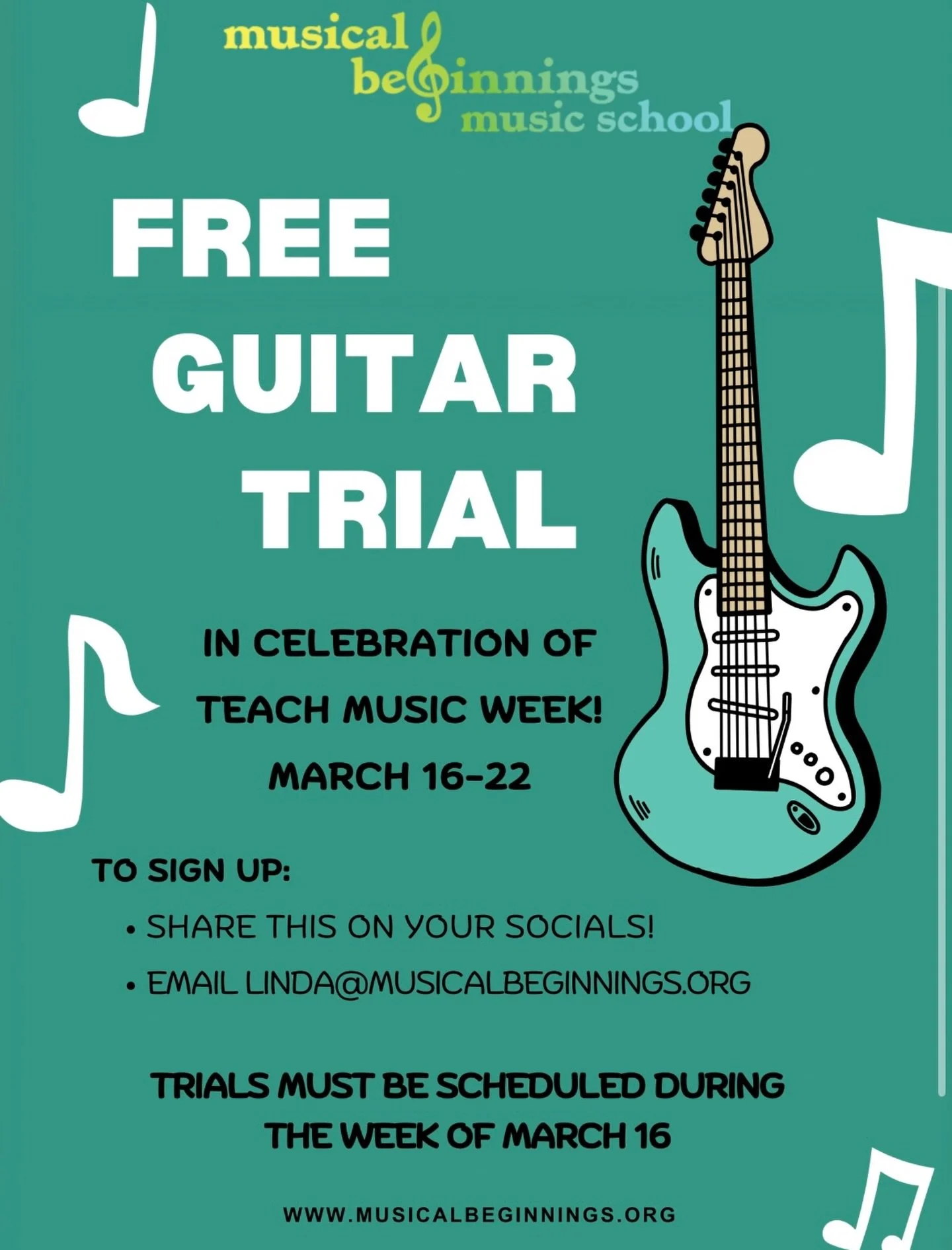 It&rsquo;s the 12th Annual Teach Music Week and Musical Beginnings is happy to participate by offering free trial guitar lessons! Check it out, share it, schedule it!
