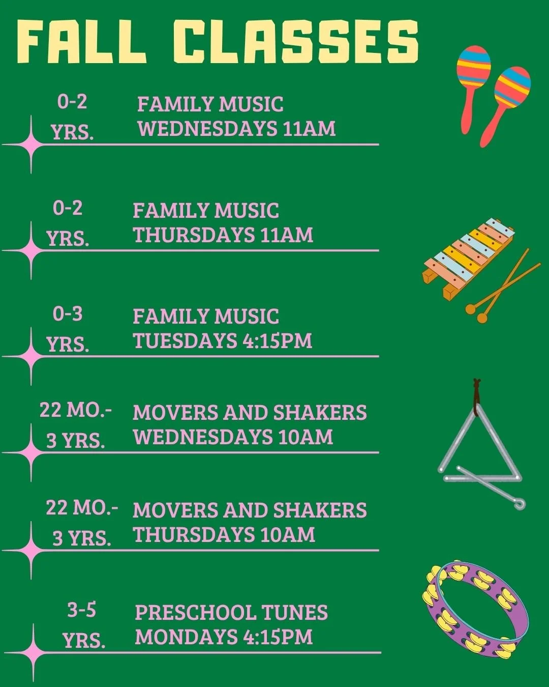 Our Fall Classes Are Live!

Enroll at the link in our bio.

Our Classes This Fall:
-Family Music (0-2 yrs.)
-Movers &amp; Shakers (22 mo.-3 yrs.)
-Preschool Tunes (3-5 yrs.)
-Exploring Music (4-6 yrs.)
-Foundations (5-7 yrs.)
-Beginning Voice (6.5-8 