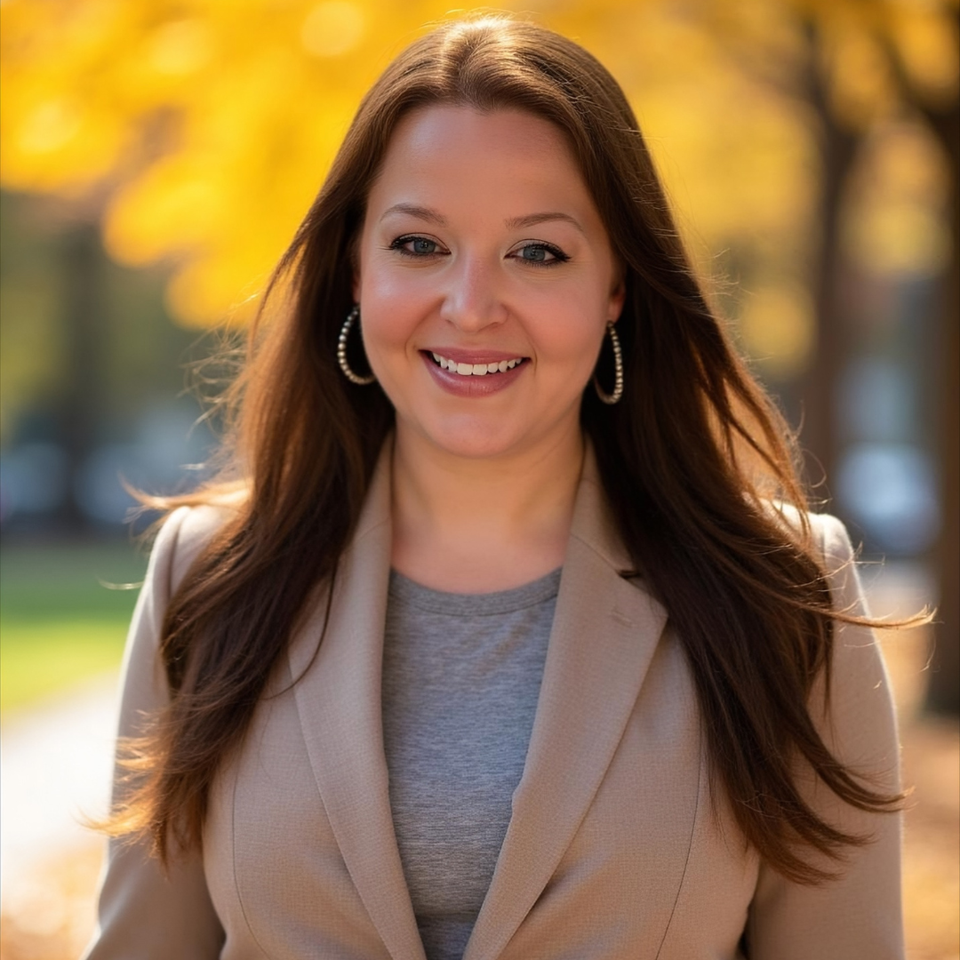 Smiling woman with long brown hair, wearing hoop earrings and a beige blazer, standing outdoors with autumn foliage in the background.