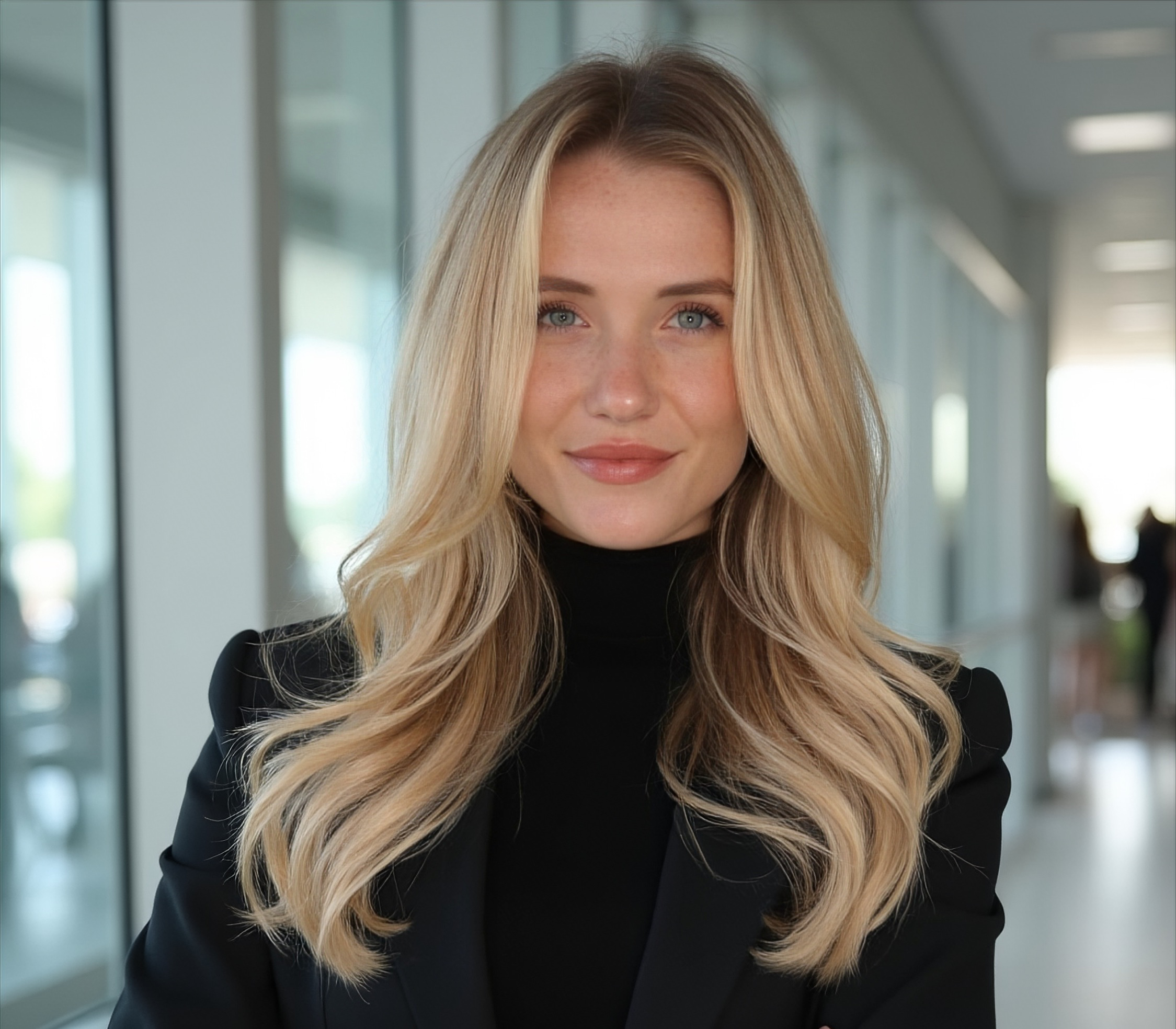 A woman with long blonde hair, blue eyes, and light skin, wearing a black turtleneck and blazer, smiling in an office corridor with glass walls and natural light.