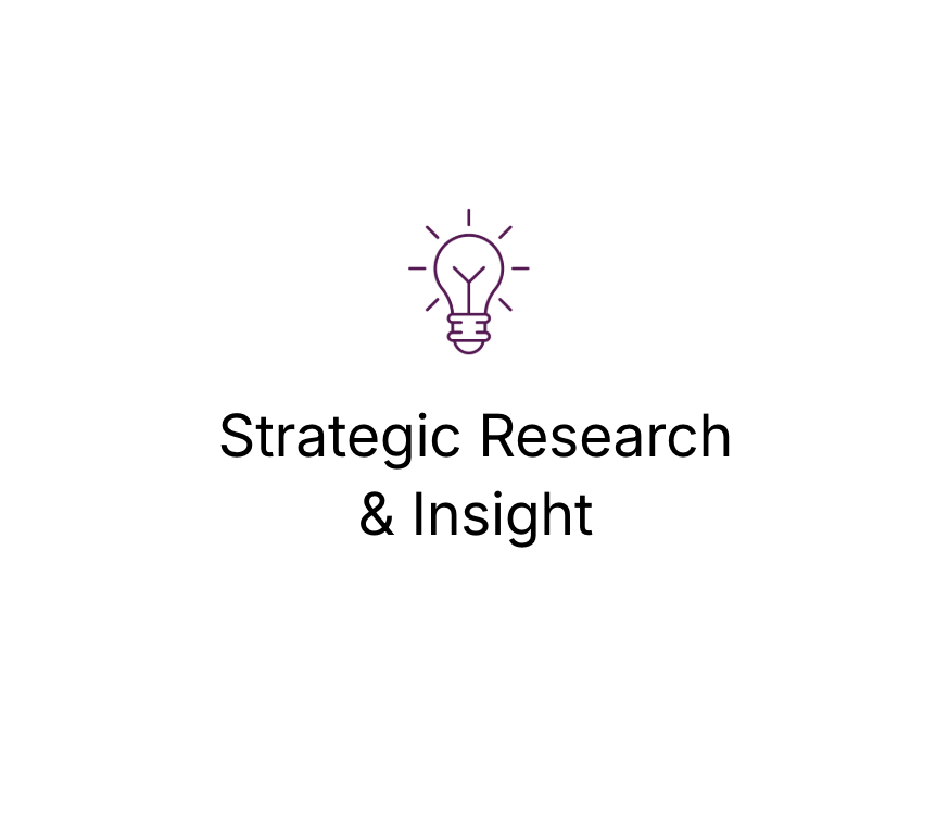 Lightbulb icon above the text "Strategic Research & Insight" on a white background.