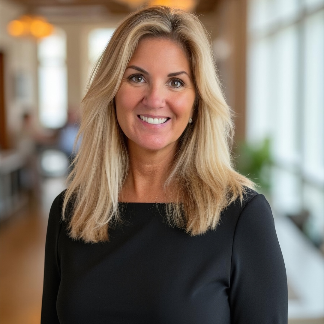 A smiling blonde woman wearing a black top in a well-lit indoor setting.