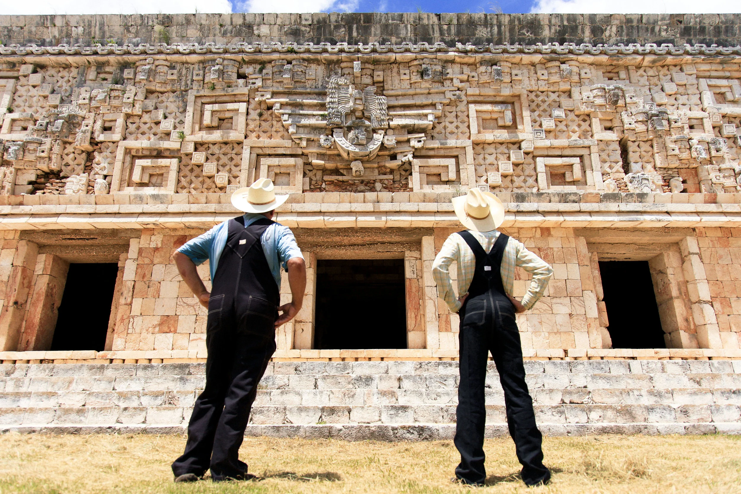 Enciso invited 2 families of Mennonites to visit the archeological site of Uxmal, as they have never visited even when they lived in less than 50 miles away from the site. In the end only 2 male guys came along and Enciso improvised a photoshoot with them at the archeological site. It was hard to get them in as they were trying to get charged as tourists and not as Mexican Nationals. The Mennonites that came along, where astonished by the beauty of the site and started to wonder and reflect on their own reality and the indigenous peoples reality.