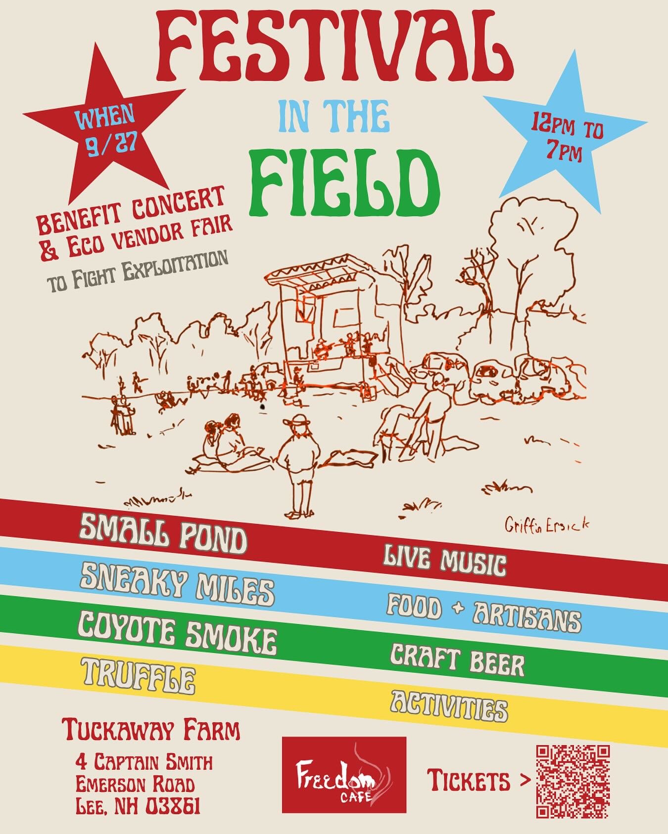 On Saturday, September 27, The Freedom Cafe presents Festival in the Field 2025 at Tuckaway Farm, 4 Captain Smith Emerson Rd, Lee, NH 03861.
Festival in the Field is a family-friendly music festival and eco-vendor fair featuring local musicians, art