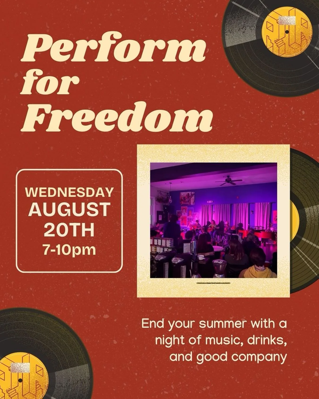 End your summer with a night of music, drinks, and good company.
And support efforts to end exploitation one cup at a time !
#PerformForFreedom
#TheFreedomCafe
#BeAConsciousConsumer
#ChangeOneCupAtATime
#EndTrafficking
#ENDEXPLOITATION