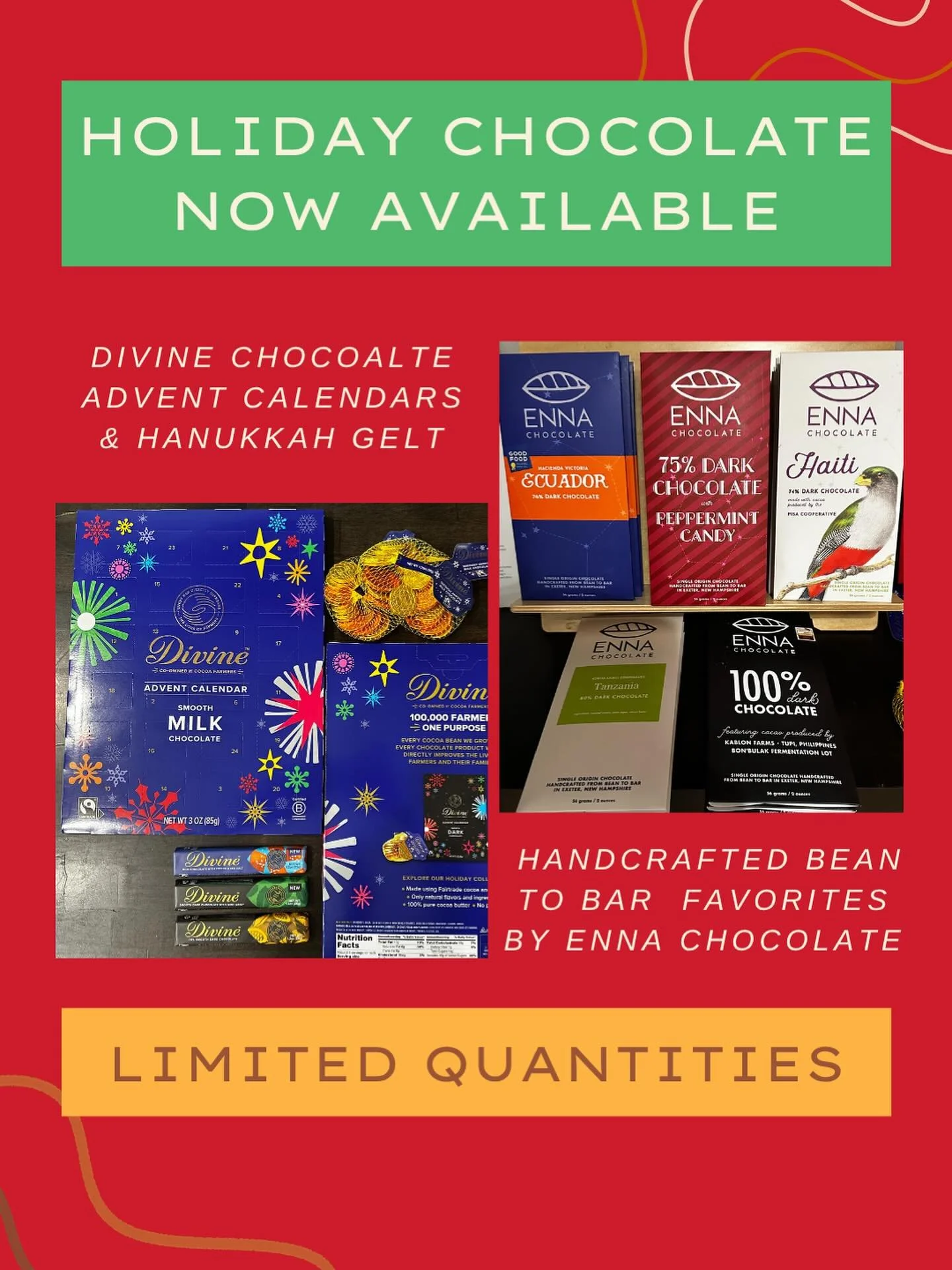 Tis the season for conscious gifting! Stop by and discover our thoughtfully sourced holiday chocolates, ideal for sharing with friends, family, and teachers.

#divinechocolate 
#ennachocolate 
#thefreedomcafe
#consciousgifting 
#fairforfarmers
