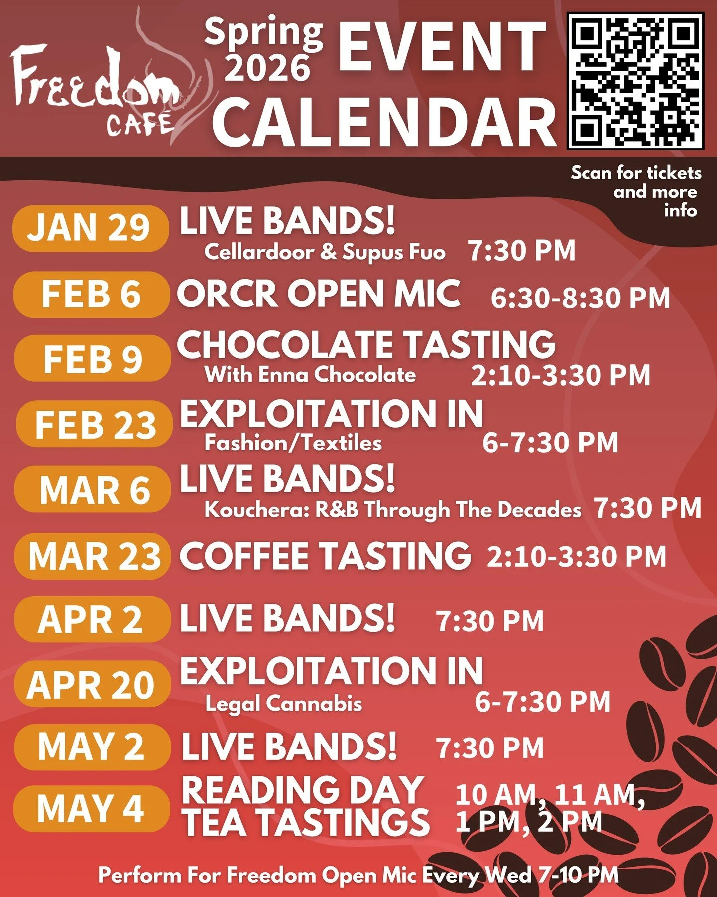 Very excited to release our event calendar for the Spring 2026 Semester! More details coming soon. Get your tickets for the Jan 29th and Mar 6th shows now while they are still available! (link tree in bio)