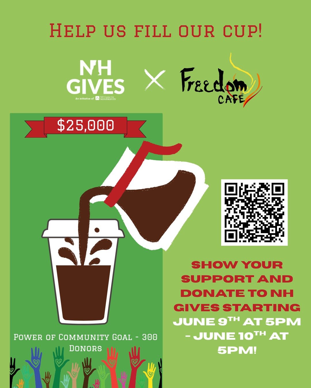 🫂💚NH Gives is right around the corner! Show your support next Tuesday by scanning the QR code and donating. Help us fill our cup and reach our goal of $25,000 and 300 donors or even go beyond! We really appreciate your help! #togetherwegive #nhgive