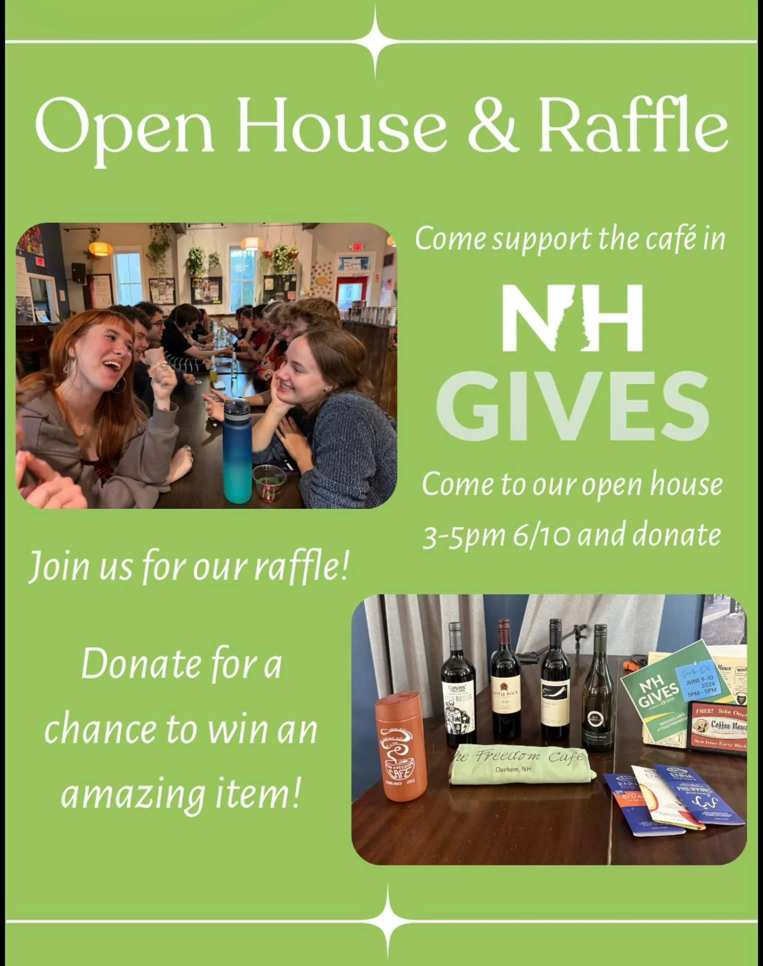 💚💚 Come support and celebrate the cafe at our open house this afternoon!! Enter our raffle for a chance to win the items pictured above!