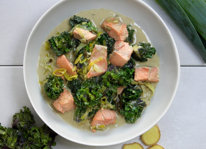 Wild Salmon Kalettes Coconut Curry Eat4wellbeing Nutritional Therapy
