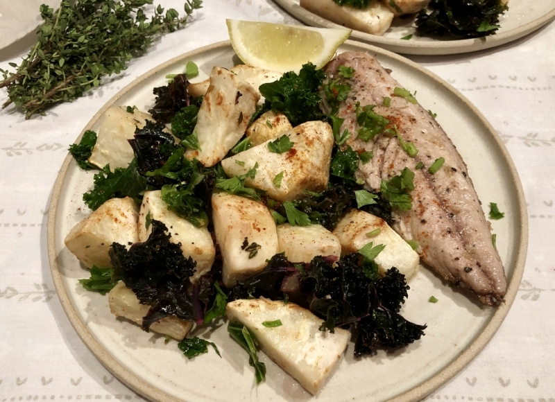 Pan-fried Mackerel with Roasted Celeriac with garlic and thyme and Wilted Kale