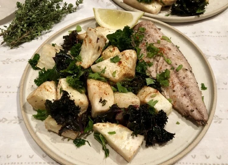 Pan-fried Mackerel with Garlic and Thyme Roasted Celeriac and Wilted Kale
